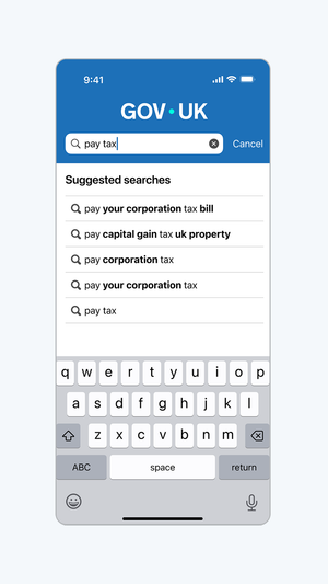Screenshot of the search feature in the GOV.UK app.