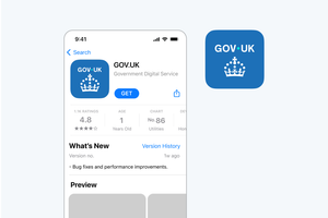 App icon of the GOV.UK app and a mockup of the GOV.UK app's page in an App Store.