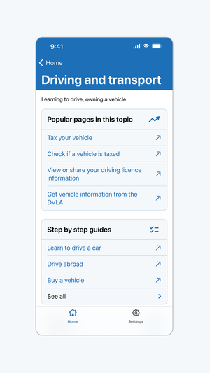 Screenshot of the topic page for 'Driving and transport' in the GOV.UK app.