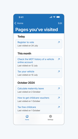 Screenshot of 'Pages you've visited' in the the GOV.UK app.