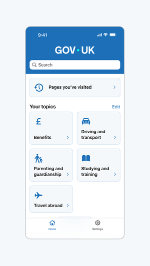 Screenshot of the start page in the GOV.UK app.