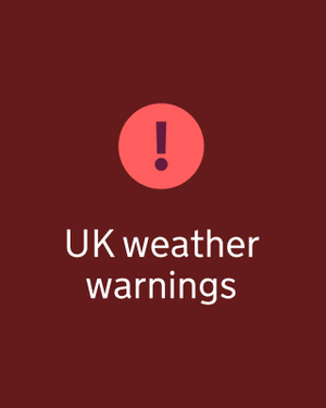 Teaser image saying "UK weather warnings" on a dark red background, with an exclamation mark in a red circle.