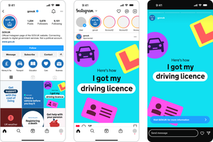 Series of images showing Instagram screenshots from the GOV.UK account, starting at the homepage to a story about 'Here's how I got my driving licence'.