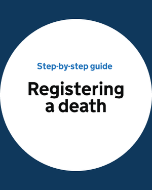 Teaser image saying "Step-by-step guide: Registering a death" in a large white circle on a dark blue background.