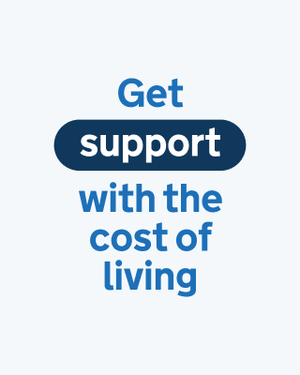 Teaser image saying "Get support with the cost of living" with "support" in a lozenge-shaped highlight.