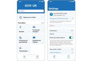Screenshots of the GOV.UK app, showing the start page and the Settings page, including tinted tile buttons and tinted menus.