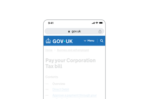 Screenshot of the GOV.UK website on mobile, showing the Primary blue header, with the lock-up of the wordmark and crown in white. The dot is in Accent teal. Page content is greyed out.
