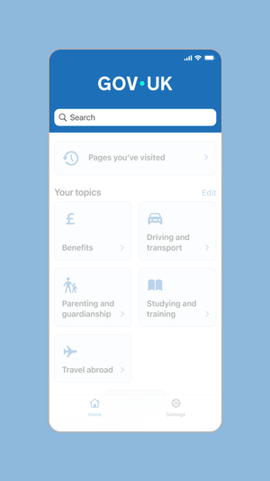 Screenshot of GOV.UK app, showing the Primary blue app header with the wordmark in white and the dot in Accent teal.