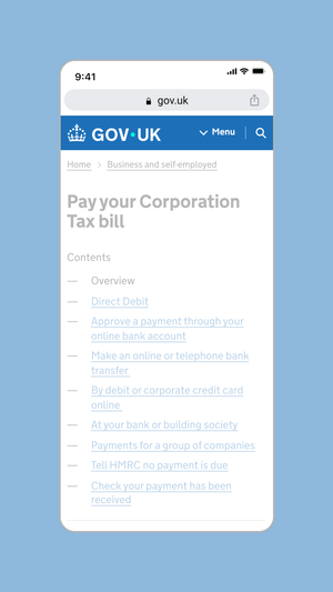 Screenshot of GOV.UK website on mobile, showing the Primary blue header, with the lock-up of the wordmark and crown in white. The dot is in Accent teal.