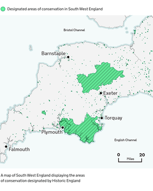 Example map of South West England highlighting areas of conservation in green.