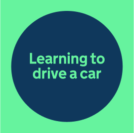 Text "Learning to drive a car" in Accent green, within a blue shade 50% background, on an Accent green background.
