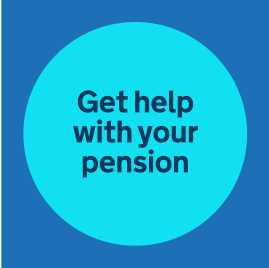 Text "Get help with your pension" in a dark blue, within a Accent blue circle, on a Primary blue background.