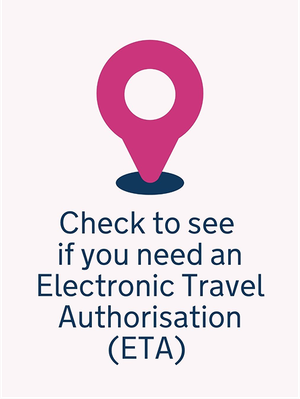 Text "Check to see if you need an Electronic Travel Authorisation (ETA)" in Blue shade 50%. Above is a map pin graphic in Primary magenta. Image background is in Magenta tint 95%.