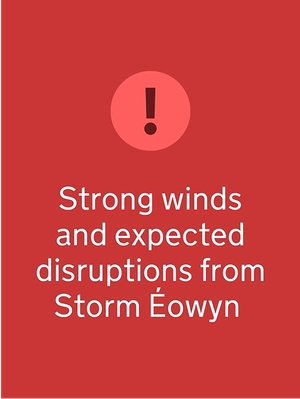 Text "Strong winds and expected disruptions" in Purple tint 95%, above the text is an exclamation mark icon in Red shade 50% inside a small circle in Accent red, on a Primary red background.