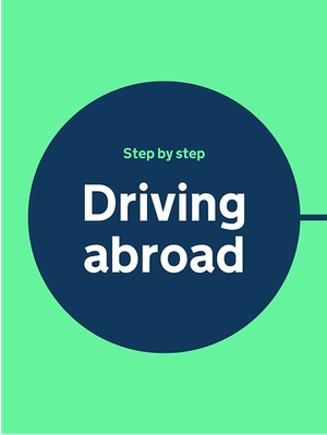 Text "Driving abroad" in white, with topic text "Step by step" above in Accent green, within a Blue shade 50% circle. Image background is Accent green.