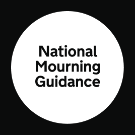 Text "National mourning guidance" in black, within a white circle, on a black background.