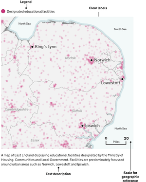 Example map of East England highlighting educational facilities in pink. It is pointing out important aspects of maps: the legend at the top, use of clear labels throughout, the scale for geographic reference and the text description a the bottom.