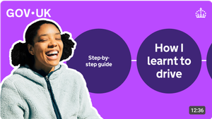 A video thumbnail for 'How I learnt to drive. A smiling young adult is shown in front of a purple background, with the title in a dark purple circle.