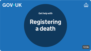 A video thumbnail for 'Get help with registering a death'. Title is shown within a simple blue circle graphic on a blue background.