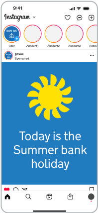 Instagram post with image saying "Today is the Summer bank holiday" alongside a graphic of the sun, made up of a yellow circle with yellow half circles as sun rays.