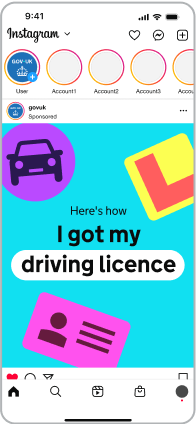 Instagram post with image saying "Here's how I got my driving licence" with various circular and rounded-corner graphics. "Driving license" is in a lozenge-shaped highlight.