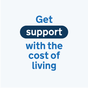 Text of "Get support with the cost of living" with "support" in a lozenge-shaped highlight.