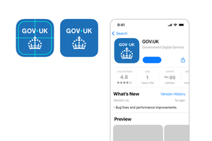 App icon of the GOV.UK app, with gridlines showing how the crown is placed centred directly under GOV.UK and a mockup of the GOV.UK app's page in an App Store.