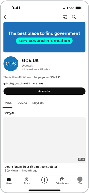 Mockup of the GOV.UK channel page on YouTube.