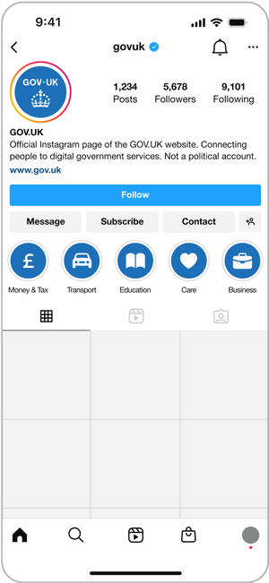 Mockup of the GOV.UK profile page on Instagram.