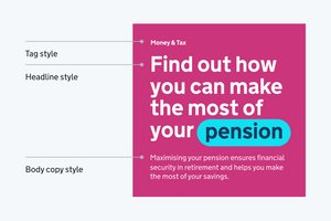 Graphic promoting pension information, with labels pointing out different type styles for the tag, headline and body copy, each with different font sizes and weights.